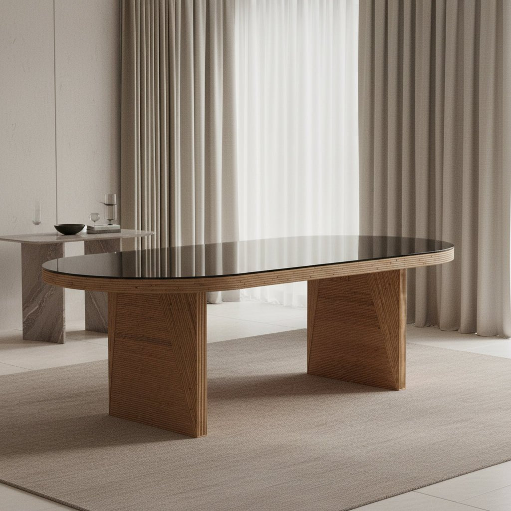 Caren Natural Rattan and Glass Oval Dining Table Dining Tables| TOV
