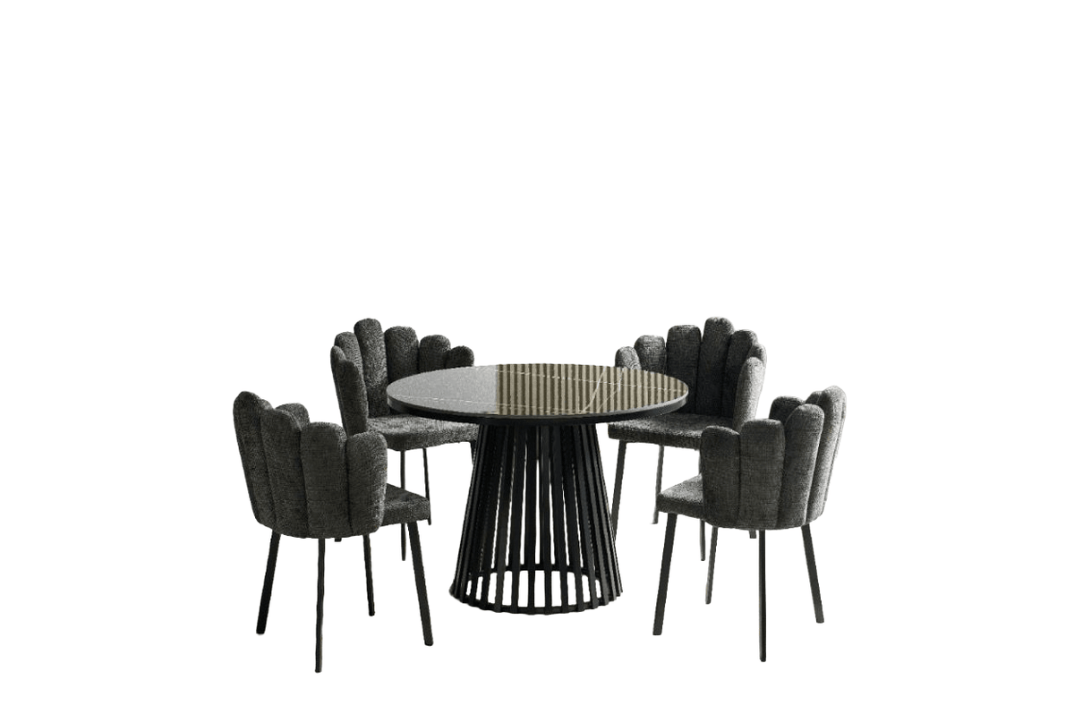 Carmen Round Black Ceramic Dining Set with Wavy Back Chairs – Table + 4 Chairs – Artistic design that adds luxury Dining Set| Otath