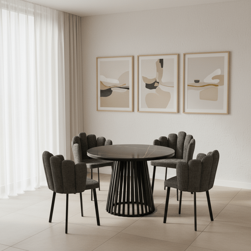 Carmen Round Black Ceramic Dining Set with Wavy Back Chairs – Table + 4 Chairs – Artistic design that adds luxury Dining Set| Otath