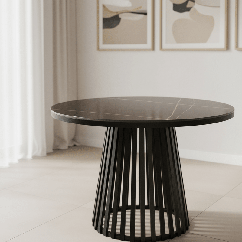 Carmen Round Black Ceramic Dining Set with Wavy Back Chairs – Table + 4 Chairs – Artistic design that adds luxury Dining Set| Otath