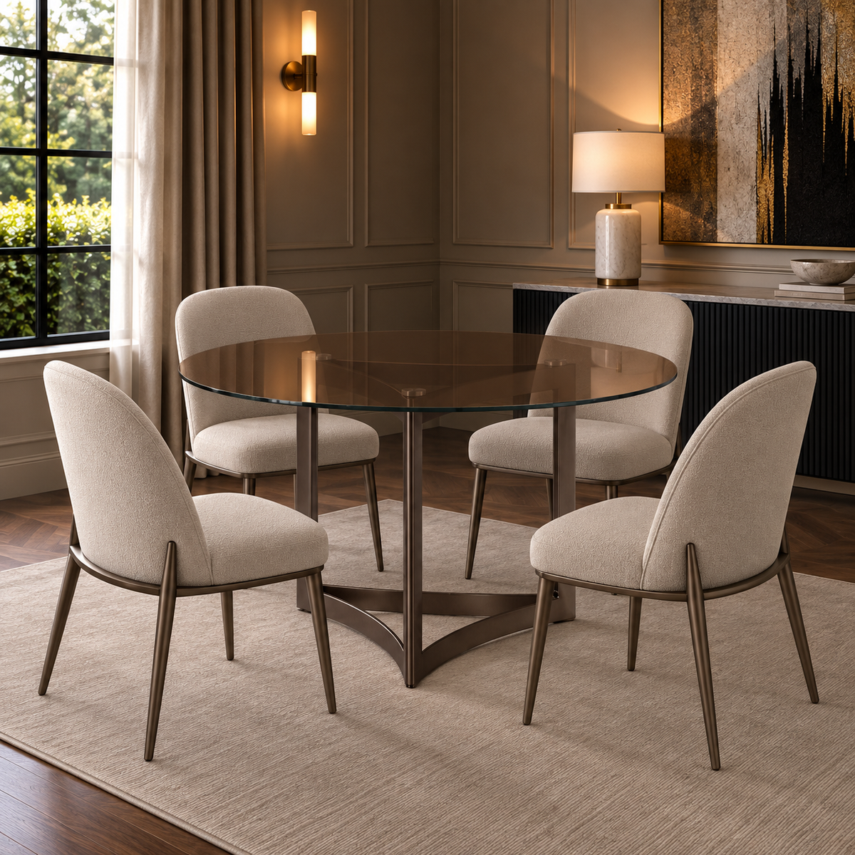Alexa Dining Table Bronze Base and 150 CM Round Gold Glass