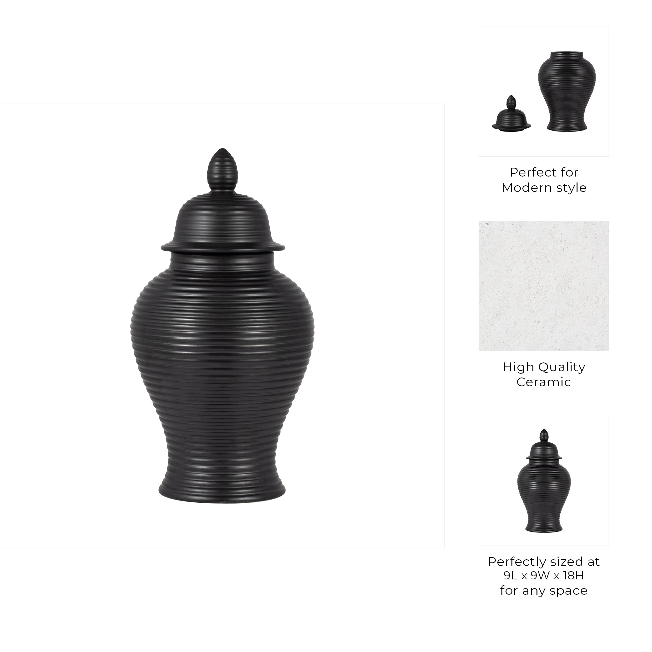 جرة الهيكل العظمي المضلع، الخزف، اللون الأسود CERAMIC, RIBBED TEMPLE JAR, BLACK