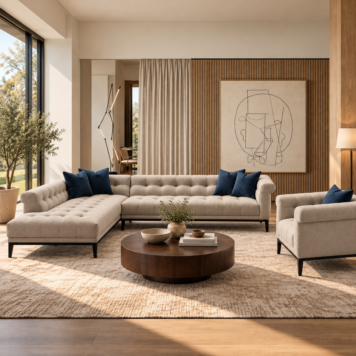 Agate Beige and Navy Cushion Sectional Laf