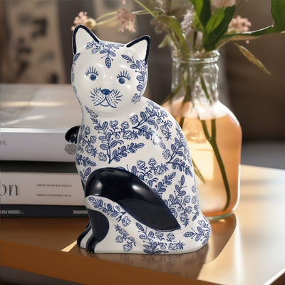 CER, 10" SITTING CHINOISERIE CAT, BLUE/WHITE - Al Rugaib Furniture