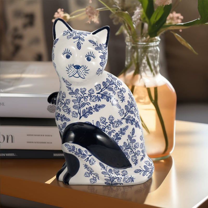 CER, 10" SITTING CHINOISERIE CAT, BLUE/WHITE - Al Rugaib Furniture