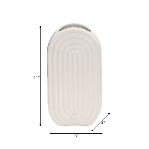 CER, 11" OVAL RIDGED VASE, WHITE Vases and Jars| Sagebrook Home