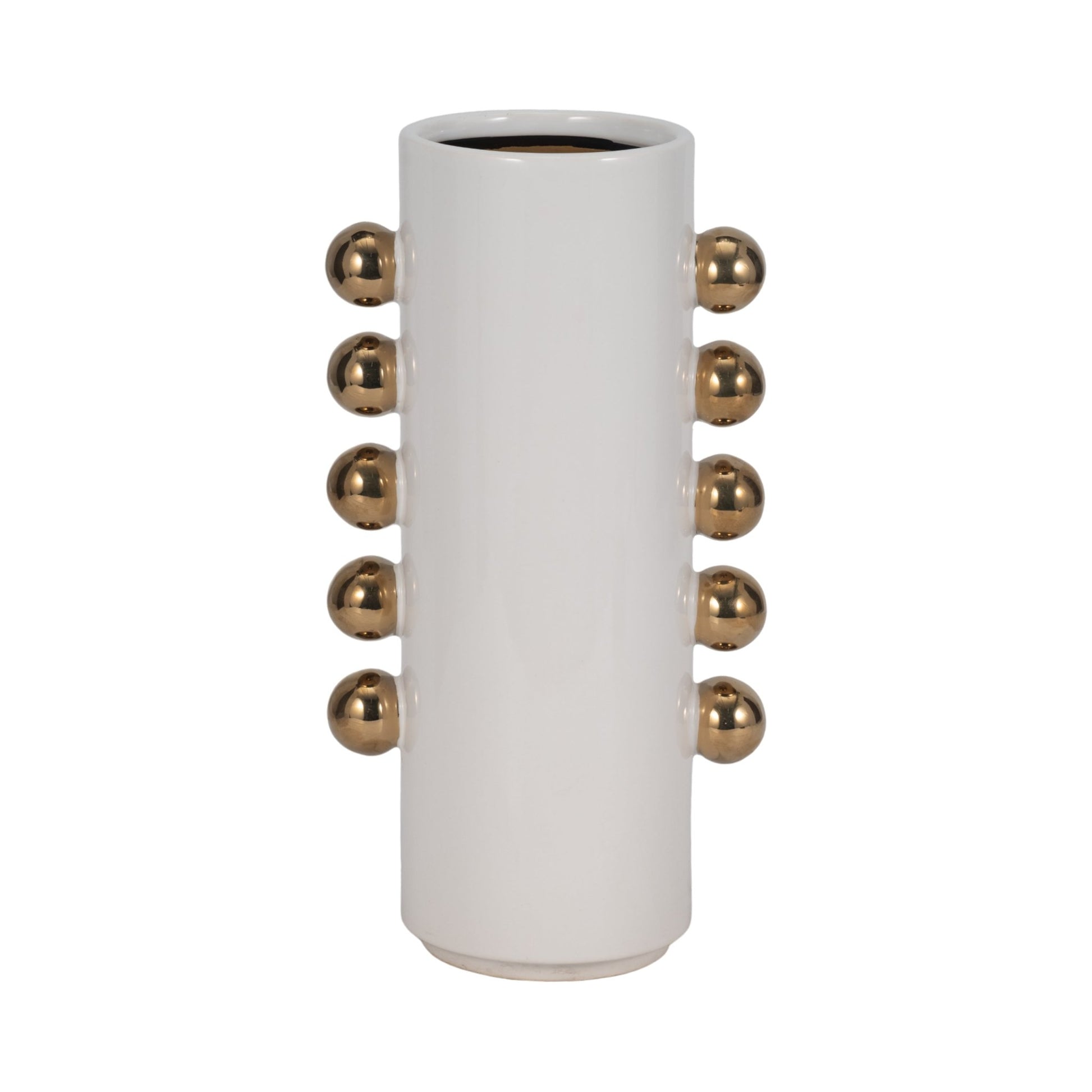 Cer, 13" Vase W/ Side Knobs, White/gold Vases and Jars| Sagebrook Home