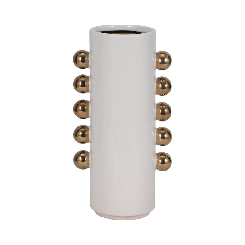Cer, 13" Vase W/ Side Knobs, White/gold - Al Rugaib Furniture