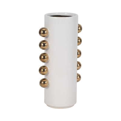 Cer, 13" Vase W/ Side Knobs, White/gold - Al Rugaib Furniture