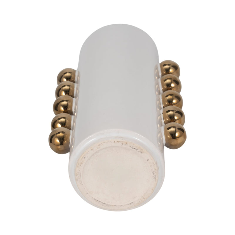 Cer, 13" Vase W/ Side Knobs, White/gold - Al Rugaib Furniture