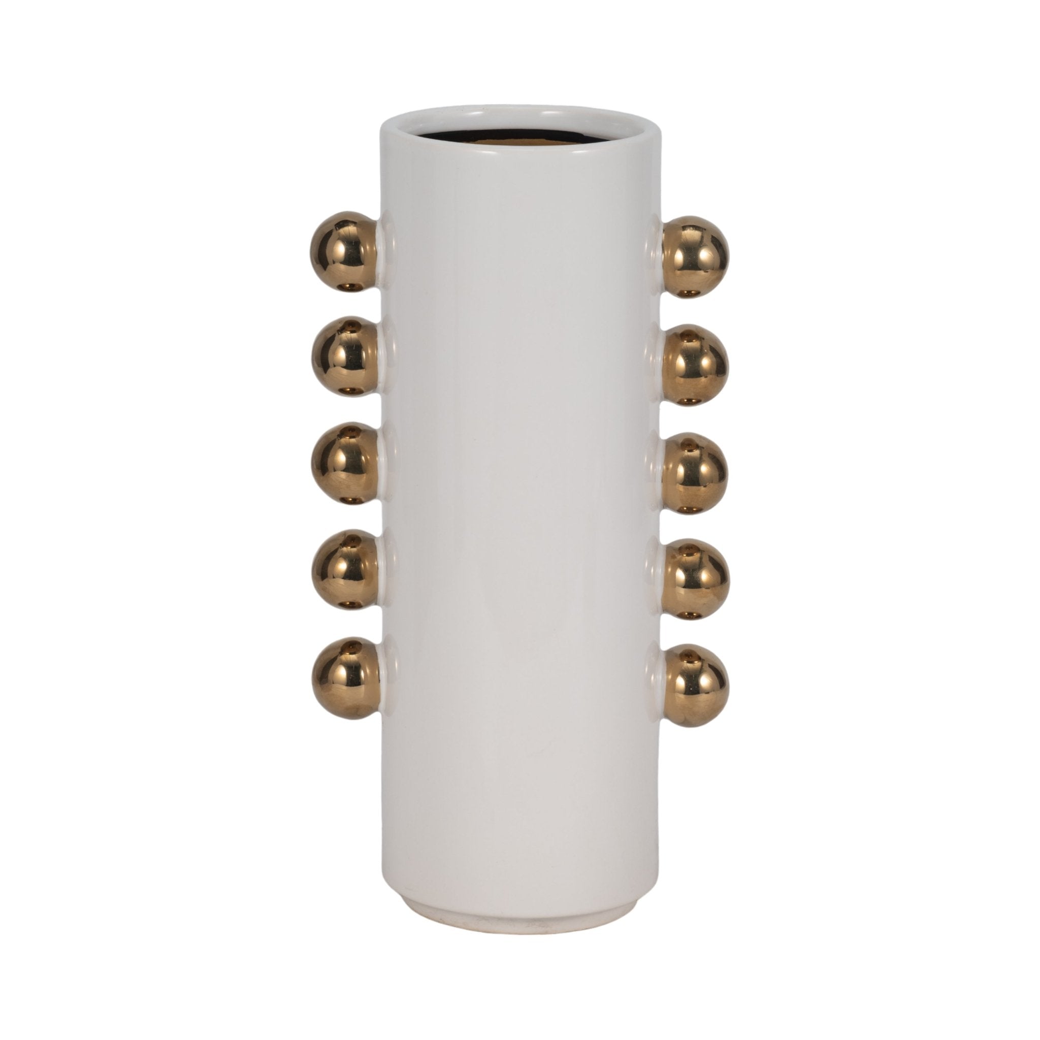 Cer, 13" Vase W/ Side Knobs, White/gold Vases and Jars| Sagebrook Home