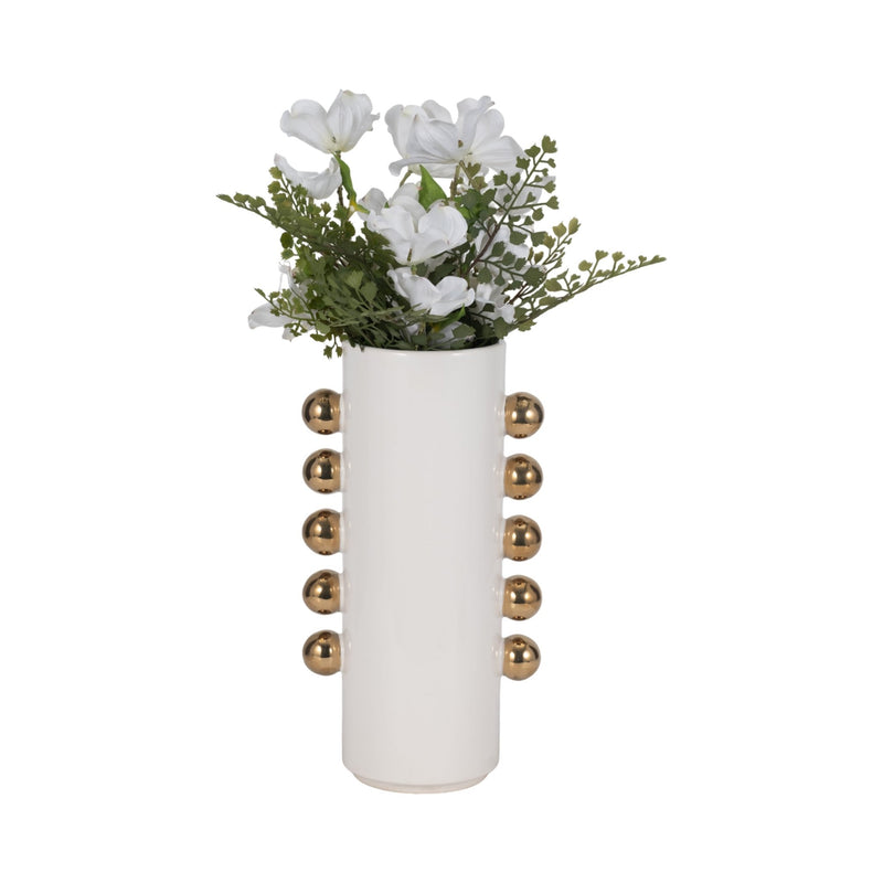 Cer, 13" Vase W/ Side Knobs, White/gold - Al Rugaib Furniture