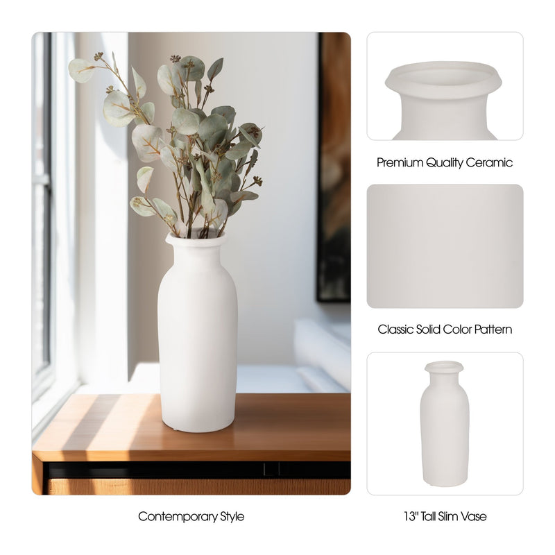 CER, 13"H TALL SLIM VASE, WHITE - Al Rugaib Furniture