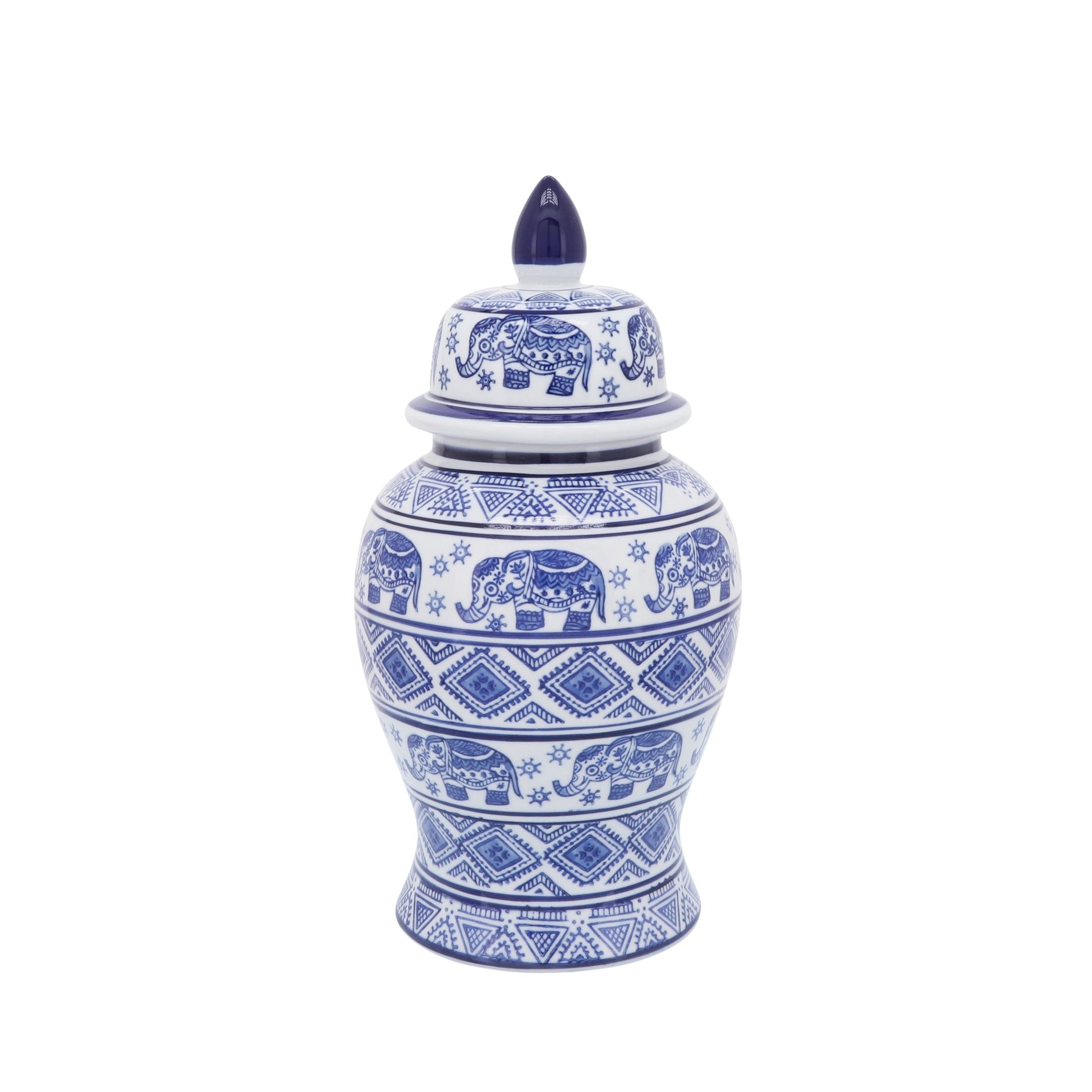 Cer, 14"H Elephant Temple Jar, Wht/Blu Vases and Jars| Sagebrook Home