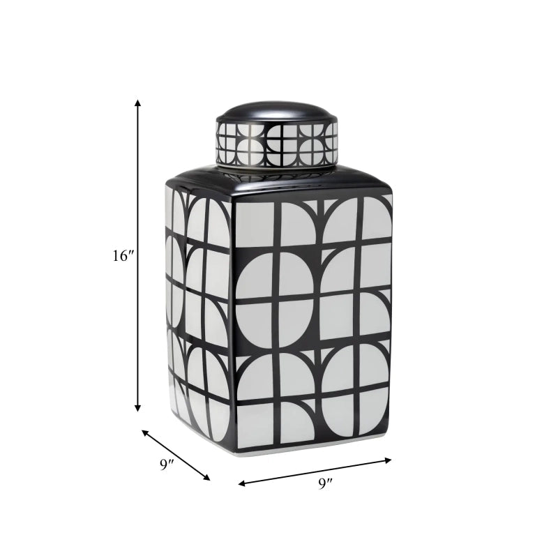 CER, 16"H SQUARE JAR W/ LID, BLACK/WHITE Vases and Jars| Sagebrook Home