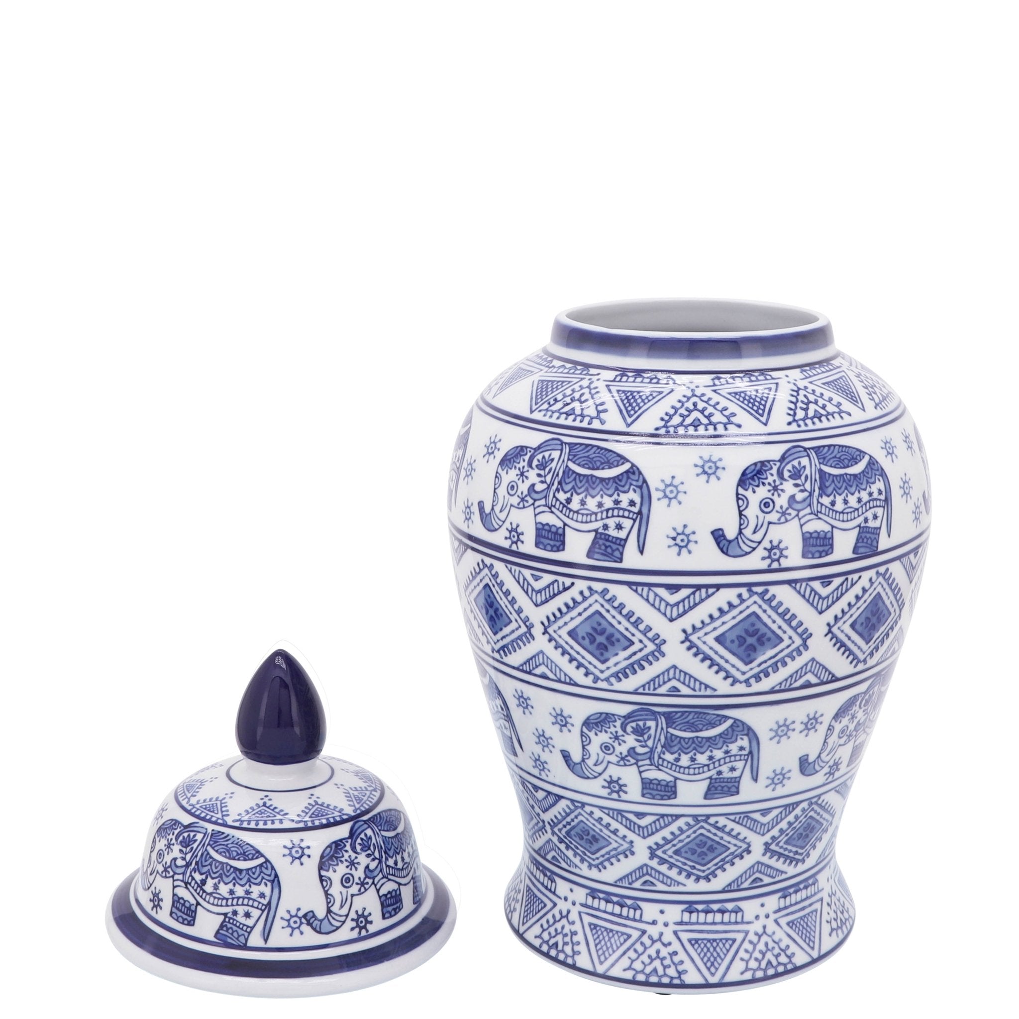 CER, 18"H ELEPHANT TEMPLE JAR, WHT/BLU Vases and Jars| Sagebrook Home
