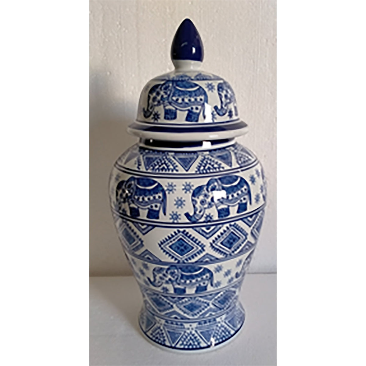 CER, 18"H ELEPHANT TEMPLE JAR, WHT/BLU Vases and Jars| Sagebrook Home