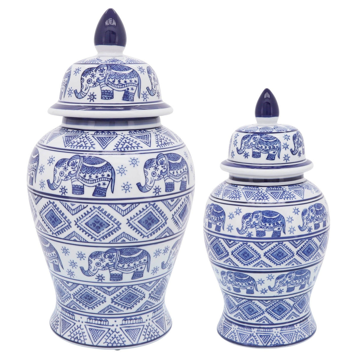 CER, 18"H ELEPHANT TEMPLE JAR, WHT/BLU Vases and Jars| Sagebrook Home
