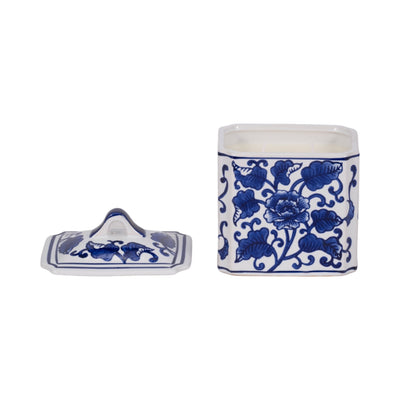 Cer, 6" 13oz Rect Chinoiserie Candle W/lid,blu/wht - Al Rugaib Furniture