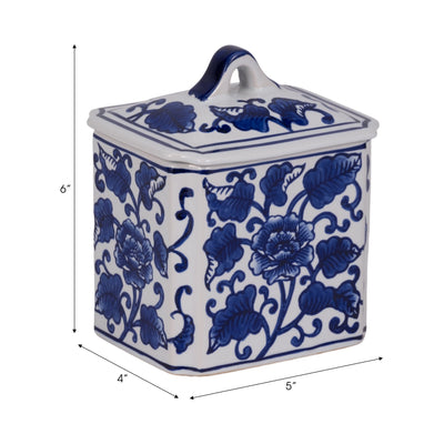 Cer, 6" 13oz Rect Chinoiserie Candle W/lid,blu/wht - Al Rugaib Furniture