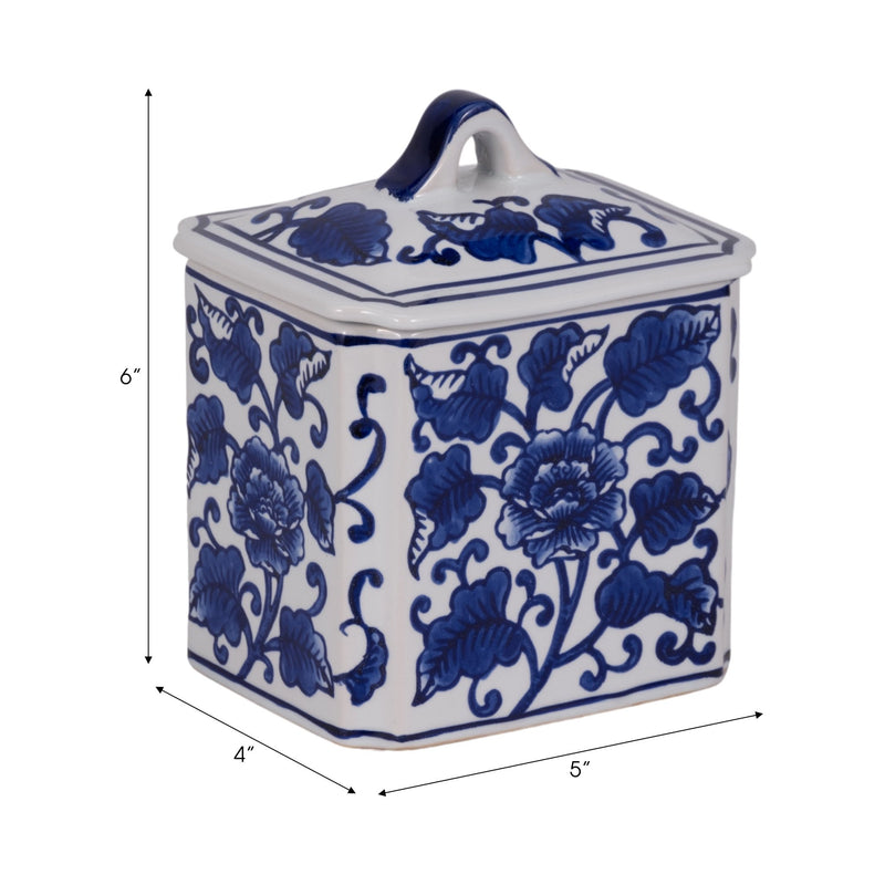 Cer, 6" 13oz Rect Chinoiserie Candle W/lid,blu/wht - Al Rugaib Furniture