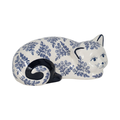 CER, 9" SLEEPING CHINOISERIE CAT, BLUE/WHITE - Al Rugaib Furniture
