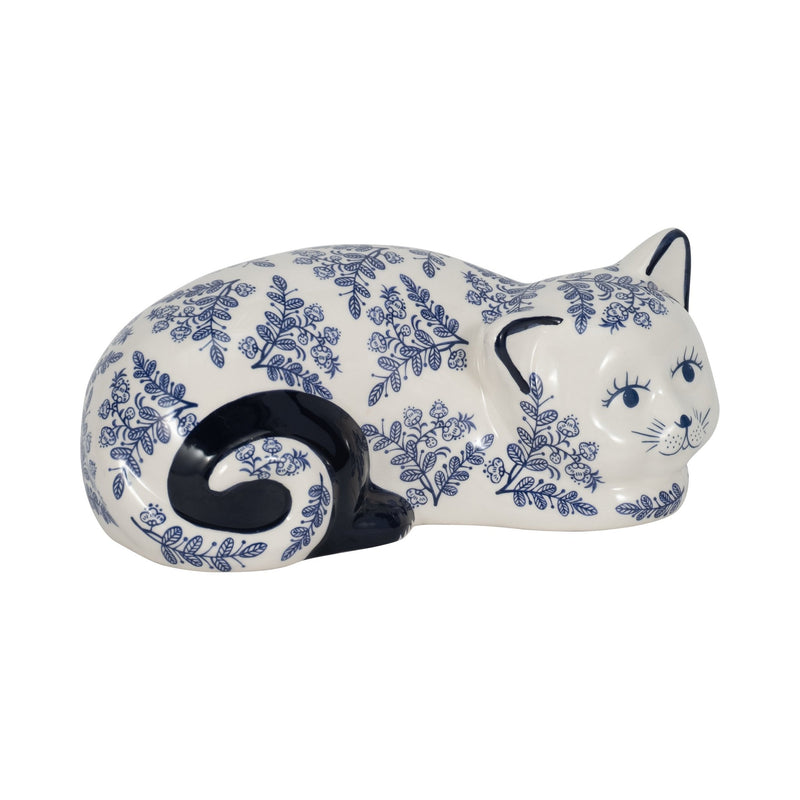 CER, 9" SLEEPING CHINOISERIE CAT, BLUE/WHITE - Al Rugaib Furniture