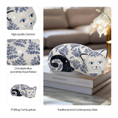 CER, 9" SLEEPING CHINOISERIE CAT, BLUE/WHITE - Al Rugaib Furniture