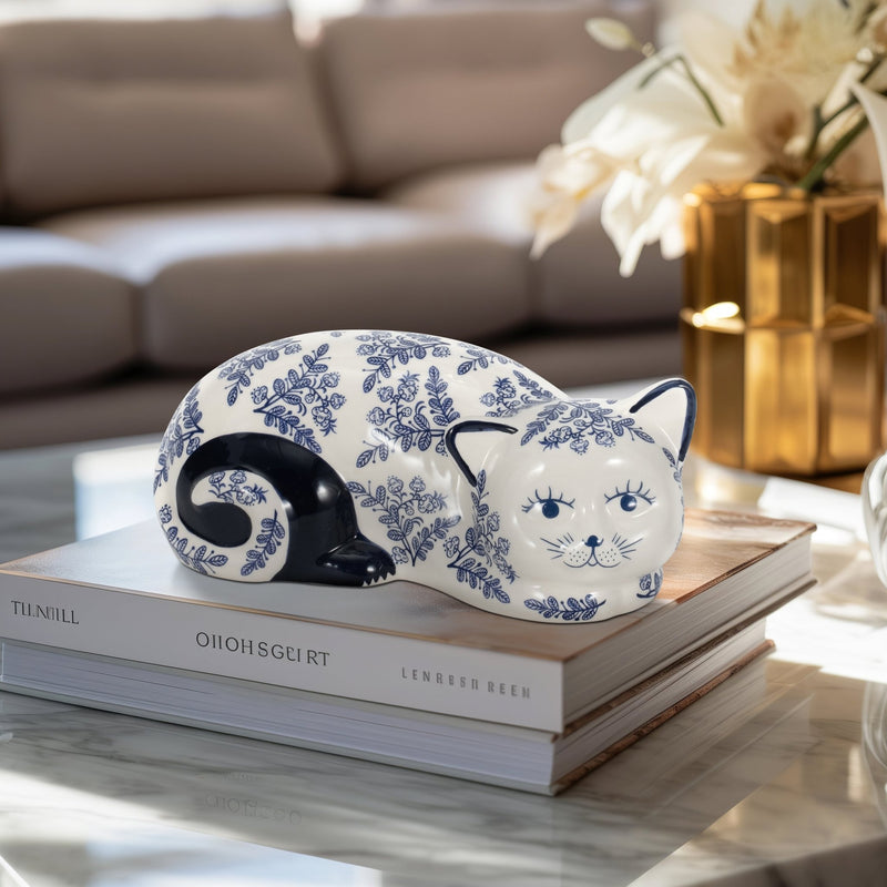 CER, 9" SLEEPING CHINOISERIE CAT, BLUE/WHITE - Al Rugaib Furniture