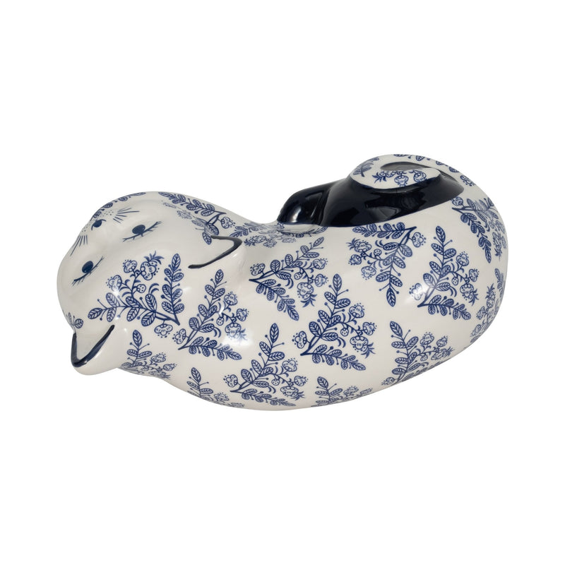 CER, 9" SLEEPING CHINOISERIE CAT, BLUE/WHITE - Al Rugaib Furniture