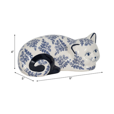 CER, 9" SLEEPING CHINOISERIE CAT, BLUE/WHITE - Al Rugaib Furniture