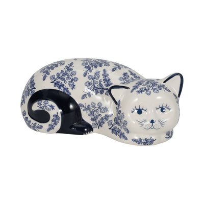 CER, 9" SLEEPING CHINOISERIE CAT, BLUE/WHITE - Al Rugaib Furniture