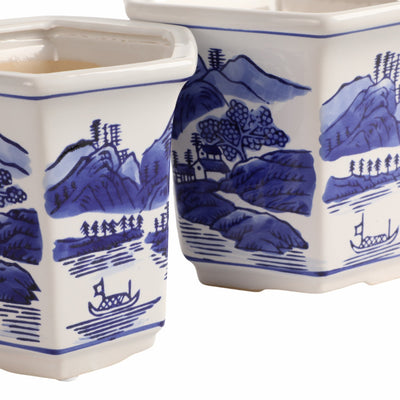 Cer, S/2 6/8" Chinoiserie Planters, Blue/white - Al Rugaib Furniture