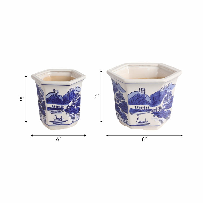 Cer, S/2 6/8" Chinoiserie Planters, Blue/white - Al Rugaib Furniture