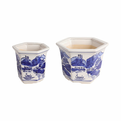 Cer, S/2 6/8" Chinoiserie Planters, Blue/white - Al Rugaib Furniture