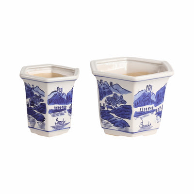 Cer, S/2 6/8" Chinoiserie Planters, Blue/white - Al Rugaib Furniture
