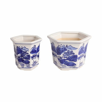 Cer, S/2 6/8" Chinoiserie Planters, Blue/white - Al Rugaib Furniture