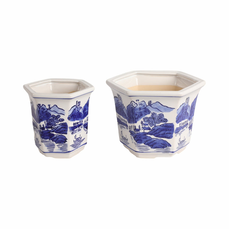 Cer, S/2 6/8" Chinoiserie Planters, Blue/white - Al Rugaib Furniture