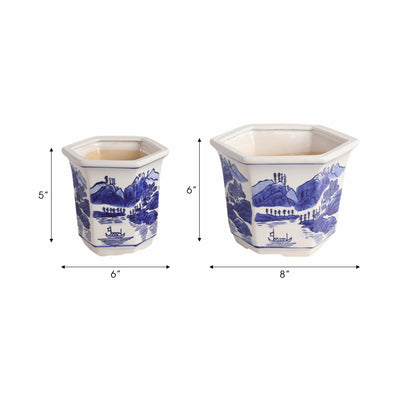 Cer, S/2 6/8" Chinoiserie Planters, Blue/white - Al Rugaib Furniture