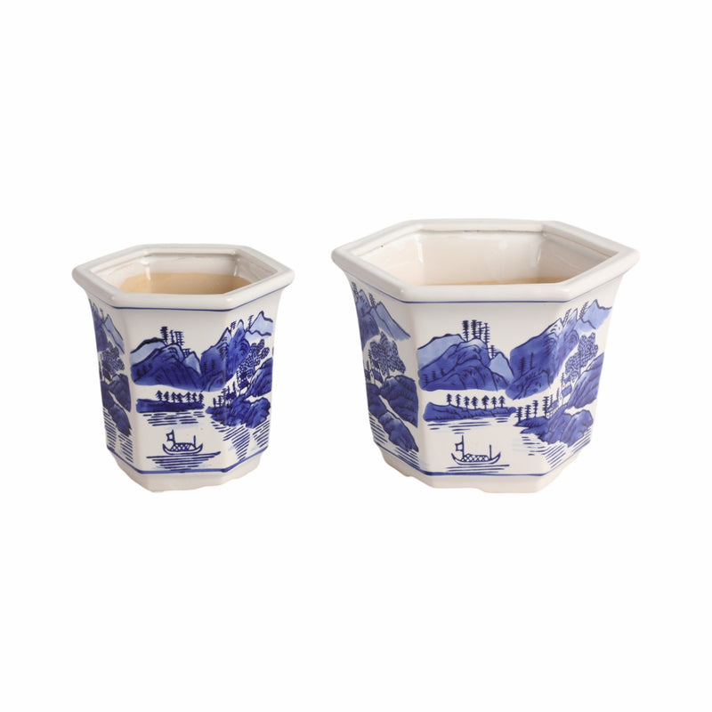 Cer, S/2 6/8" Chinoiserie Planters, Blue/white - Al Rugaib Furniture