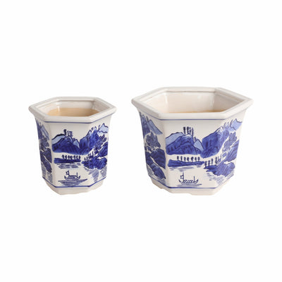 Cer, S/2 6/8" Chinoiserie Planters, Blue/white - Al Rugaib Furniture