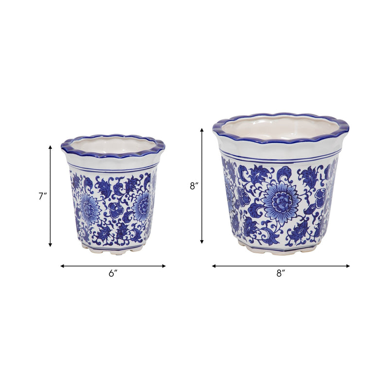 Cer, S/2 6/8" Chinoiserie Pot Planters, Blue/wht - Al Rugaib Furniture