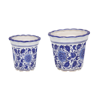 Cer, S/2 6/8" Chinoiserie Pot Planters, Blue/wht - Al Rugaib Furniture
