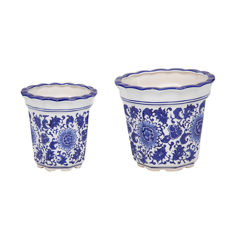 Cer, S/2 6/8" Chinoiserie Pot Planters, Blue/wht - Al Rugaib Furniture