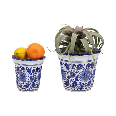 Cer, S/2 6/8" Chinoiserie Pot Planters, Blue/wht - Al Rugaib Furniture