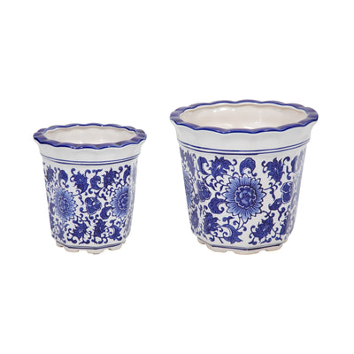 Cer, S/2 6/8" Chinoiserie Pot Planters, Blue/wht - Al Rugaib Furniture