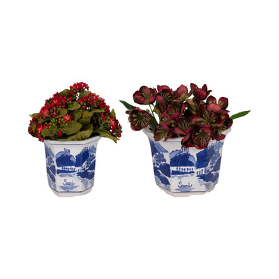 Cer, S/2 6/8" Fluted Chinoiserie Planters,blue/wht - Al Rugaib Furniture