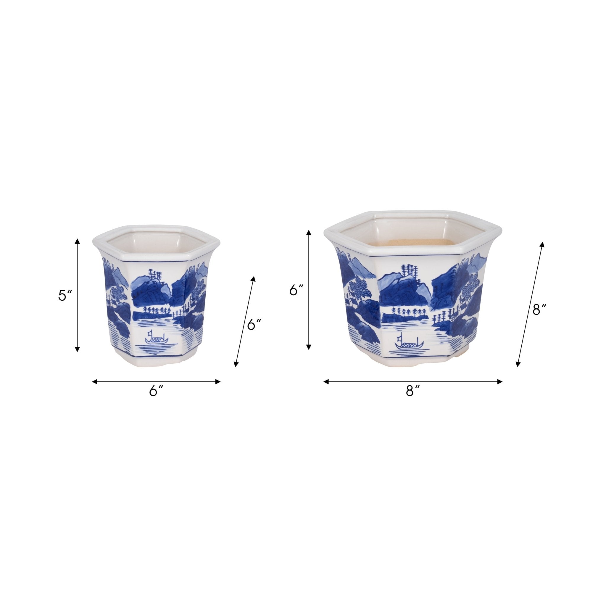 Cer, S/2 6/8" Fluted Chinoiserie Planters,blue/wht Outdoor Planters| Sagebrook Home