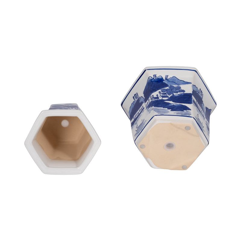 Cer, S/2 6/8" Fluted Chinoiserie Planters,blue/wht - Al Rugaib Furniture