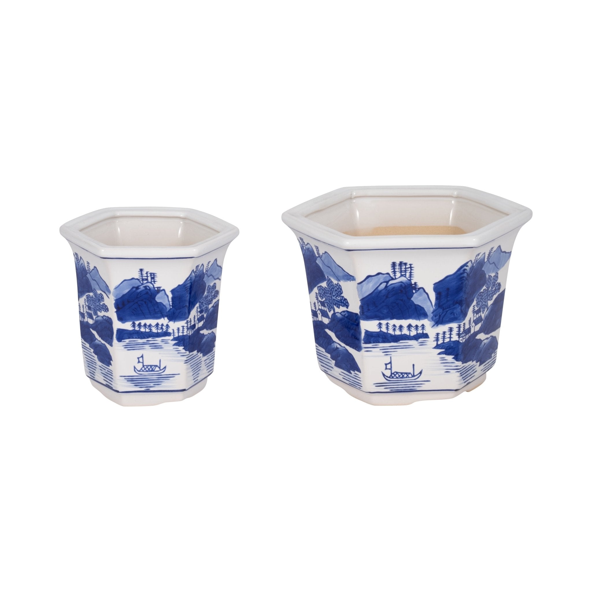 Cer, S/2 6/8" Fluted Chinoiserie Planters,blue/wht Outdoor Planters| Sagebrook Home